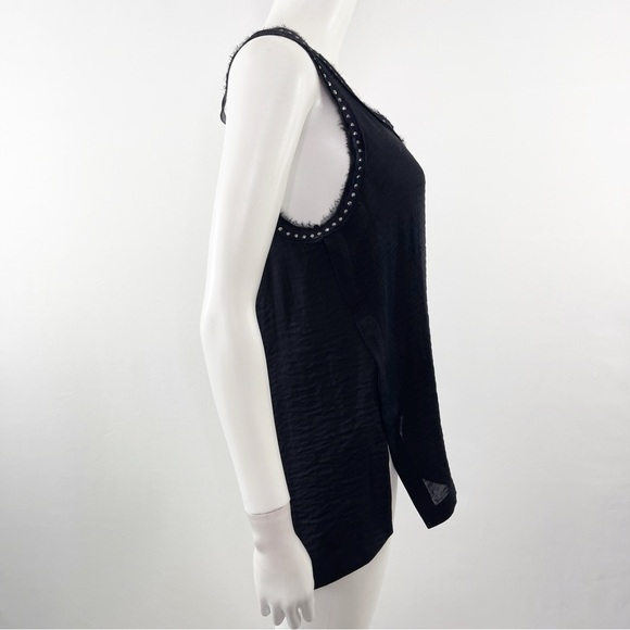 Rebecca Taylor Tank Top Black Studded Raw Edge Scoop Neck Back Tie Size 4 - Picture 2 of 9
